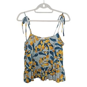 mine Blue and Yellow Leaf-Print Tie-Strap Tank Top